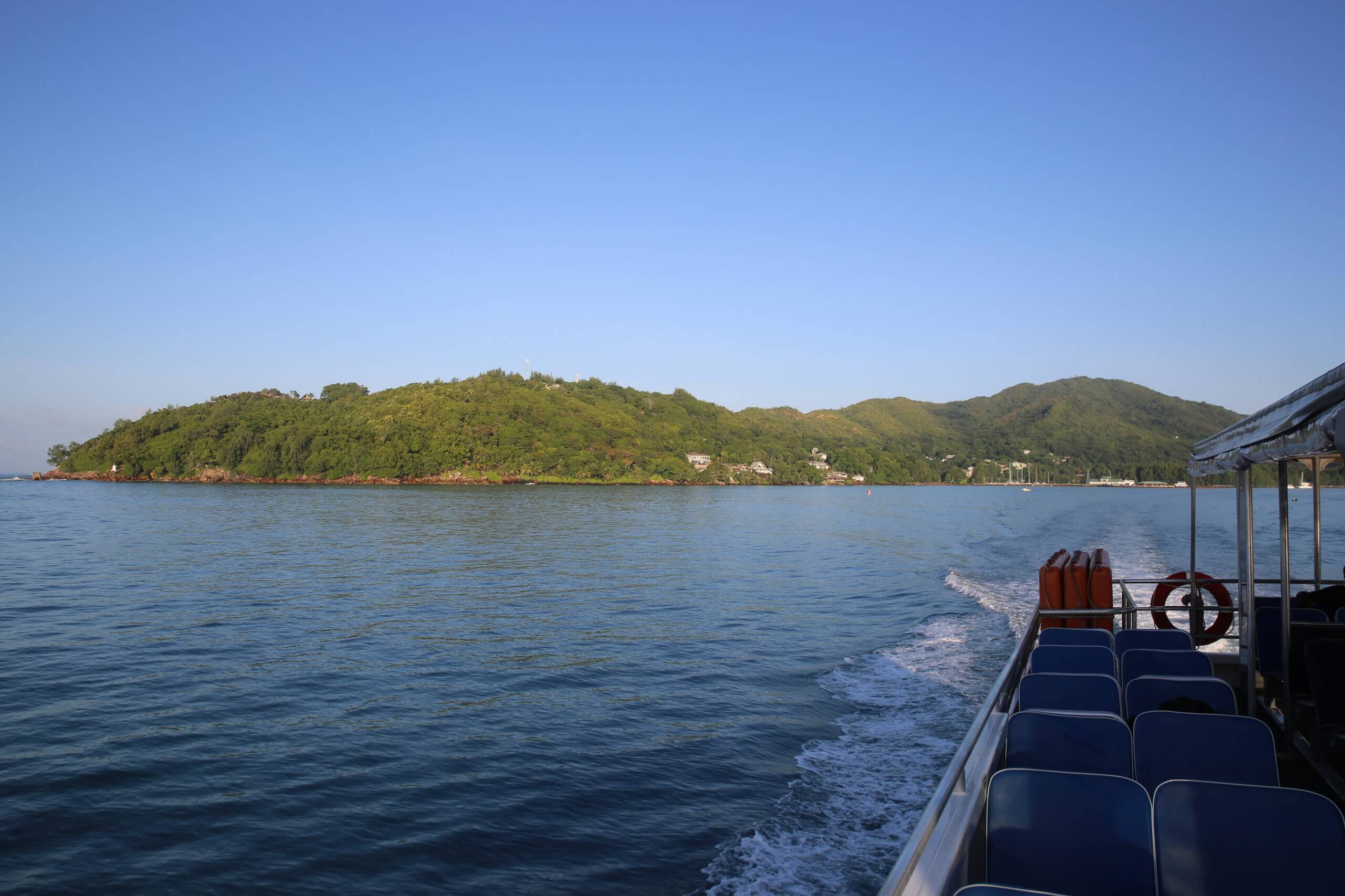 Departing Praslin island for La Digue, aboard the Cat Cocos ferry. 