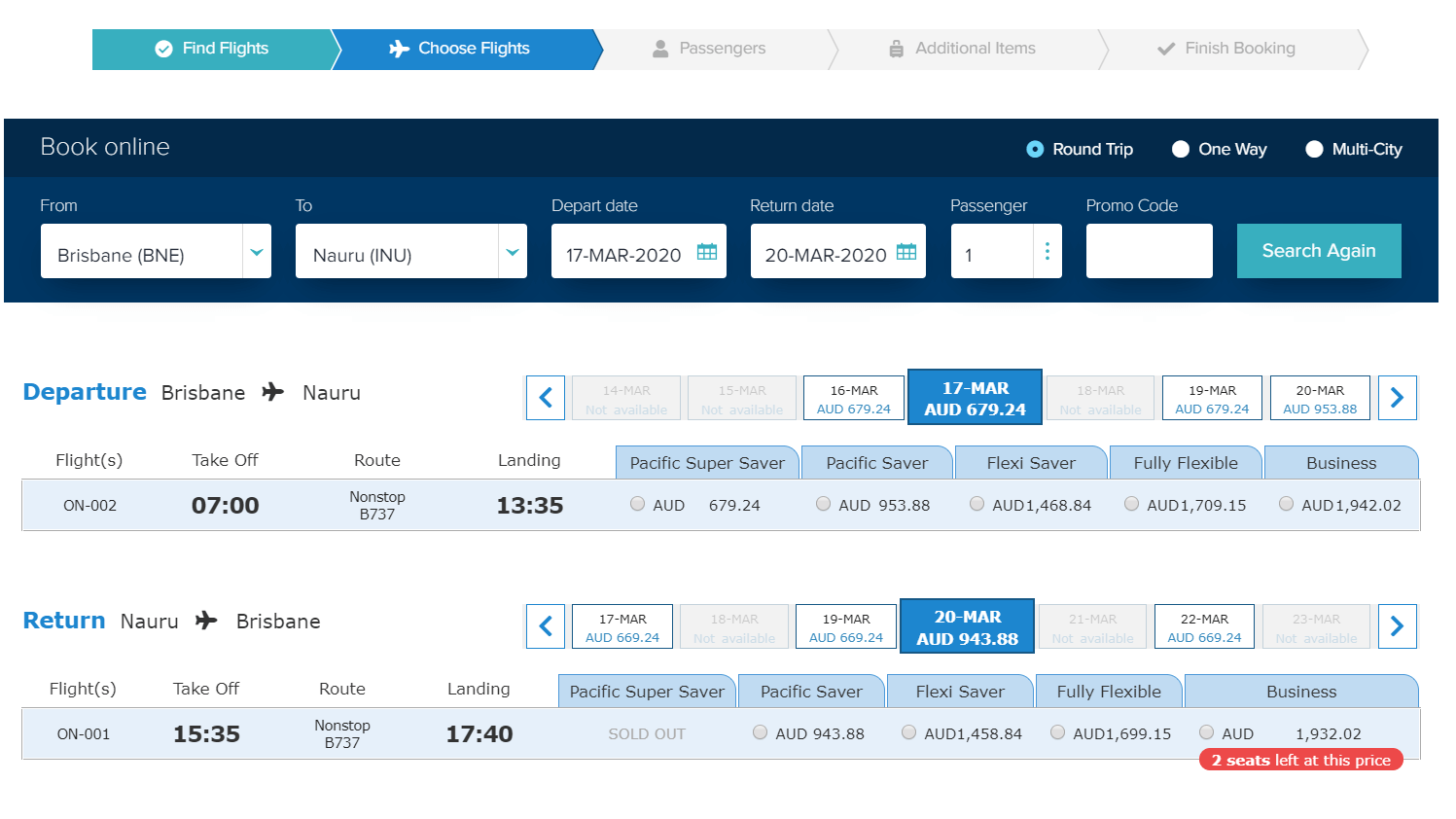 The booking screen from the Nauru Airlines website shows typical tickets costs.