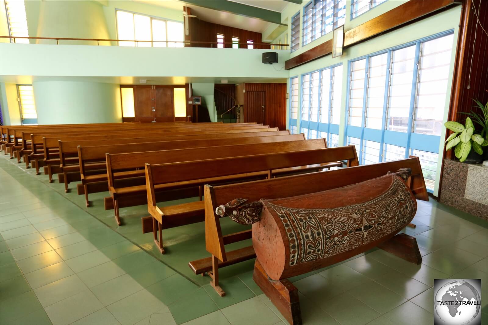 The interior of St. Mary's cathedral which includes a large, traditional, wooden drum. 