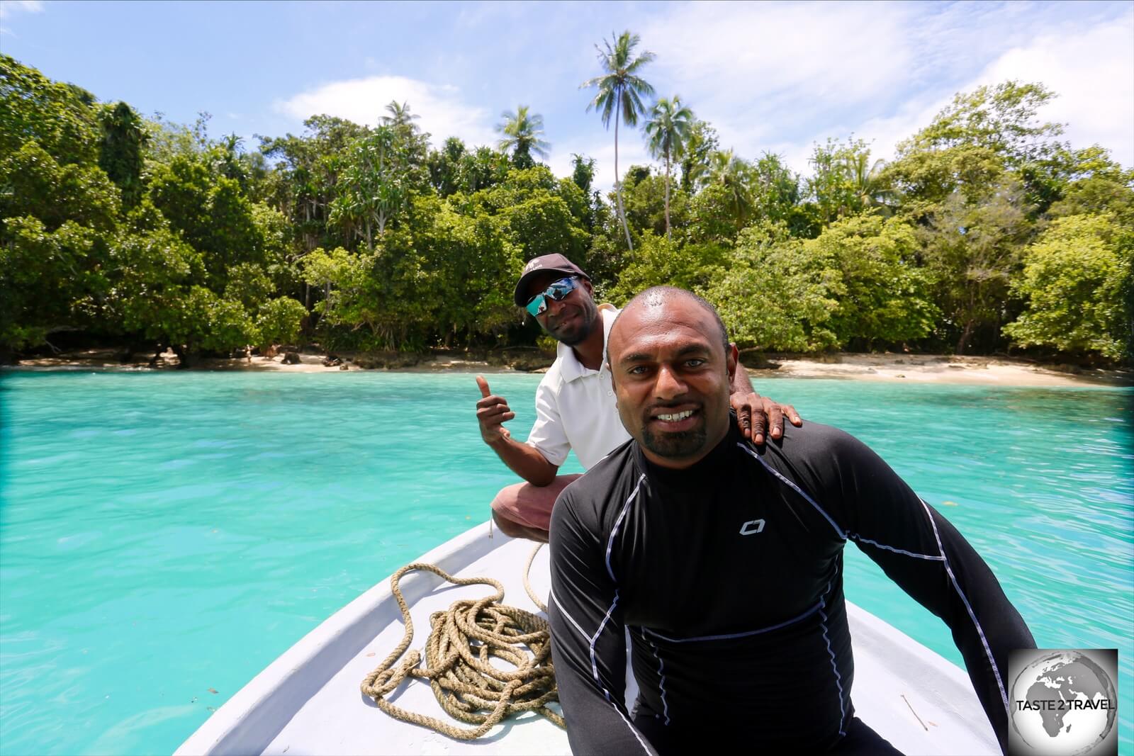 The wonderful dive team from Niugini Dive Adventures - my dive buddy/ instructor, Nathan, in the foreground, and Nigel, the boat captain, at Pig Island.