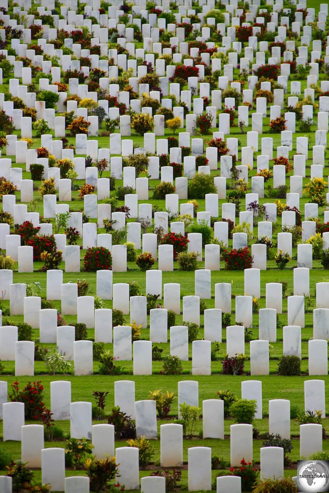 All gravestones at the Bomana War Cemetery are made from polished white marble.