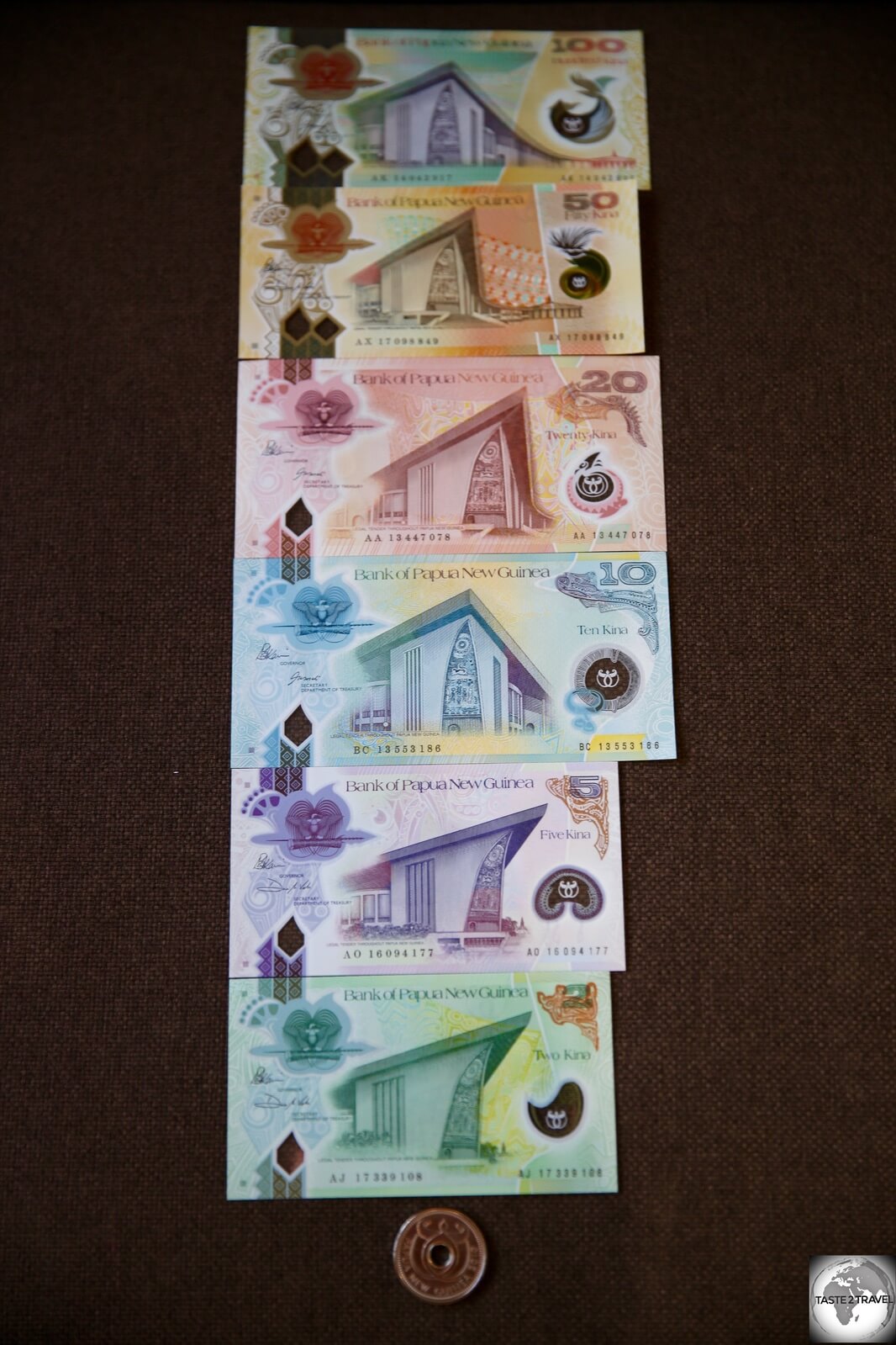 The complete Kina bank note series (front side), including the K1 coin.