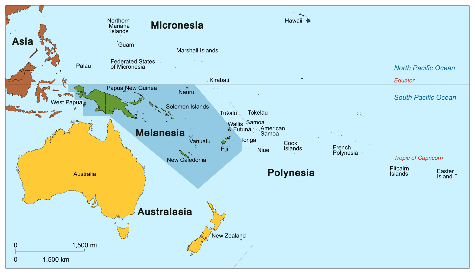 A map of the Melanesian region of the Pacific Ocean.