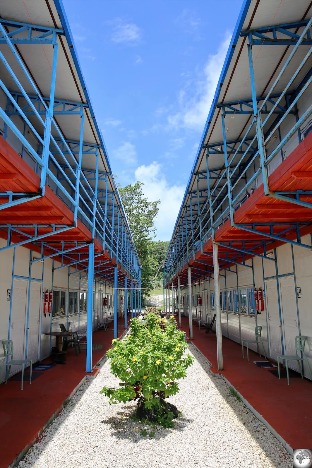 'Shipping container' accommodation at the Menen hotel is used to house Australian staff working at the Refugee Processing Centre.