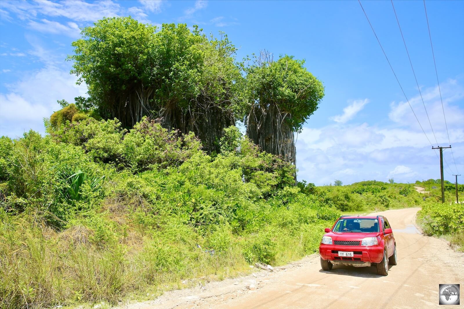 The interior roads on Topside are gravel surfaced, having been built by the Phosphate mining company to provide access to mine sights. 