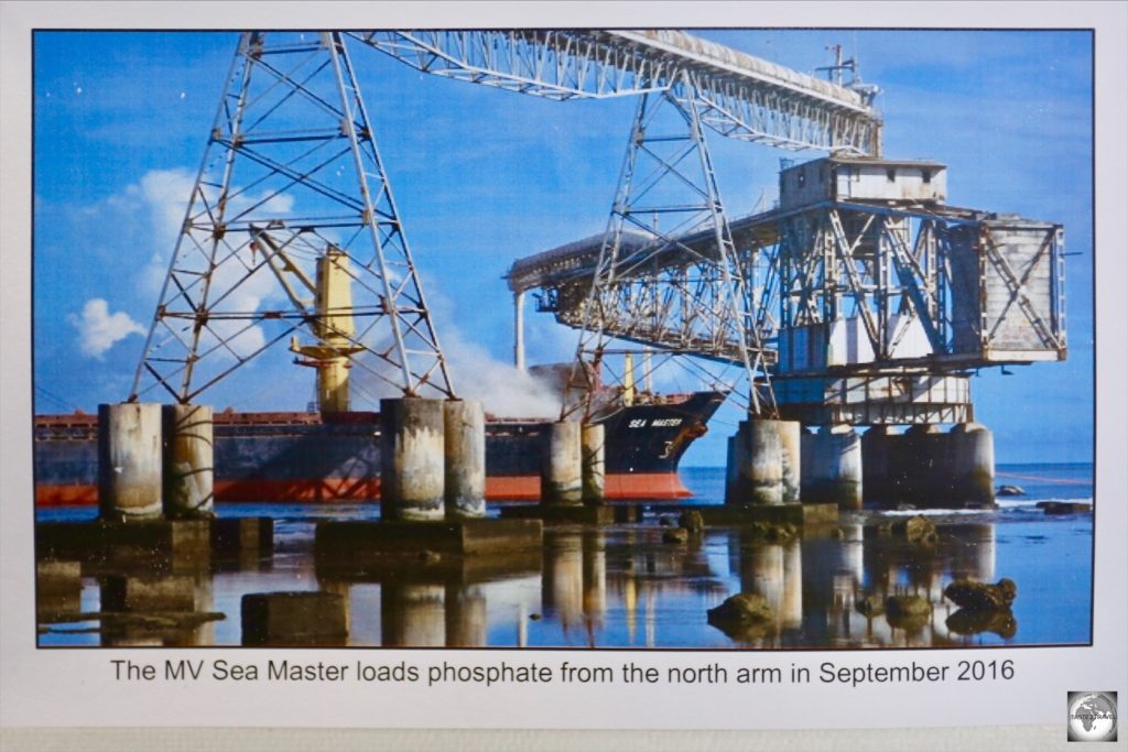 A photo at the Nauru Museum showing the MV Sea Master being loaded with phosphate in 2016 at Cantilever #2.