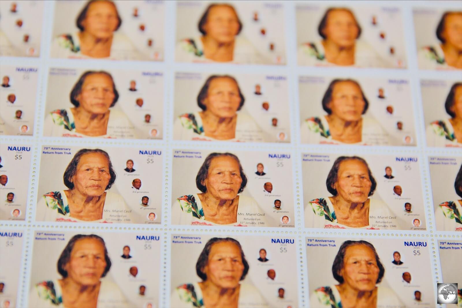 A stamp to commemorate the 73rd anniversary of the return of Nauruans from Truk (Chuuk), after the end of WWII. The stamp depicts Muriel Cecil who is currently the oldest living Nauruan.