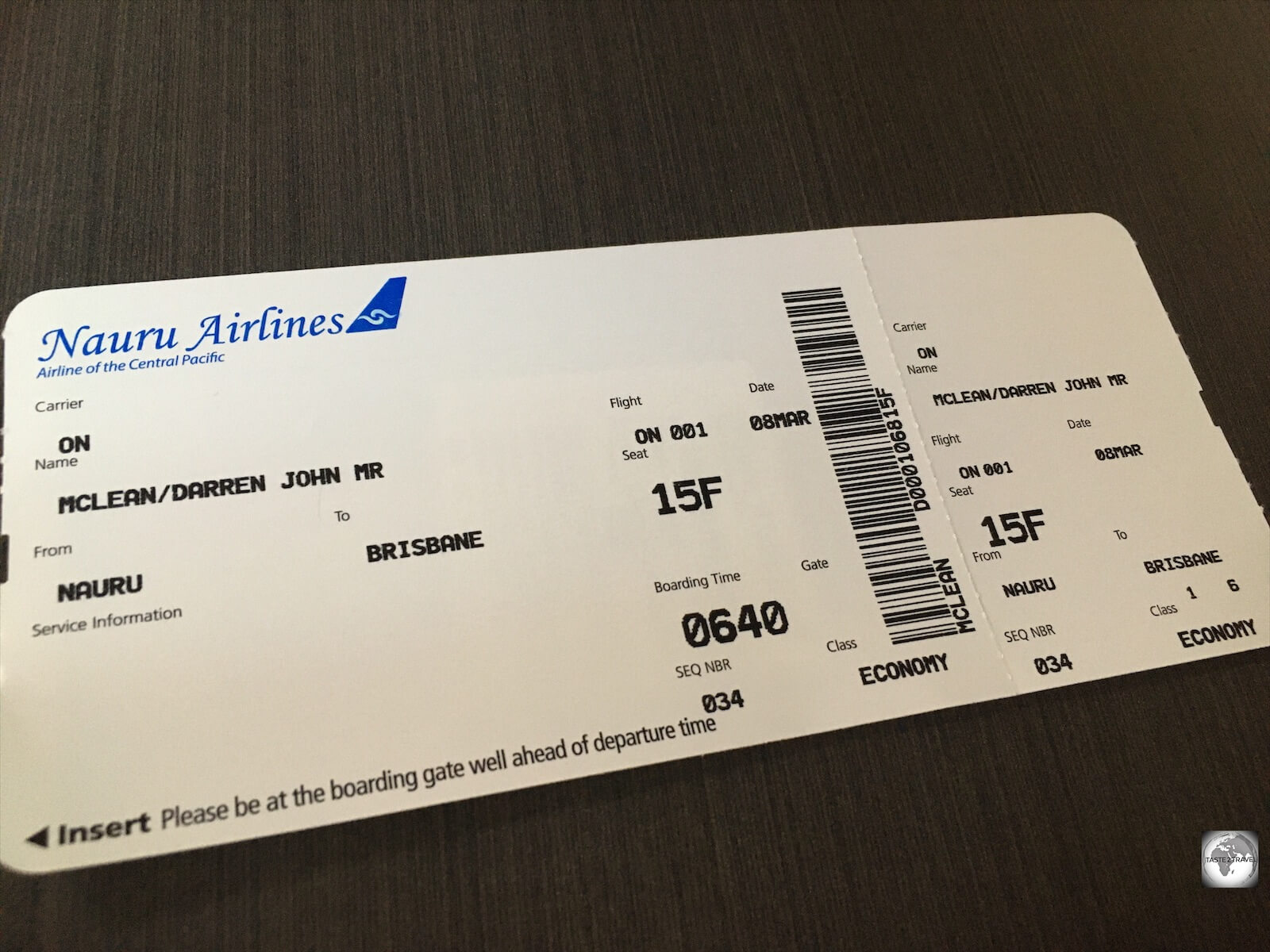 My boarding pass for my flight from Brisbane to Nauru. 