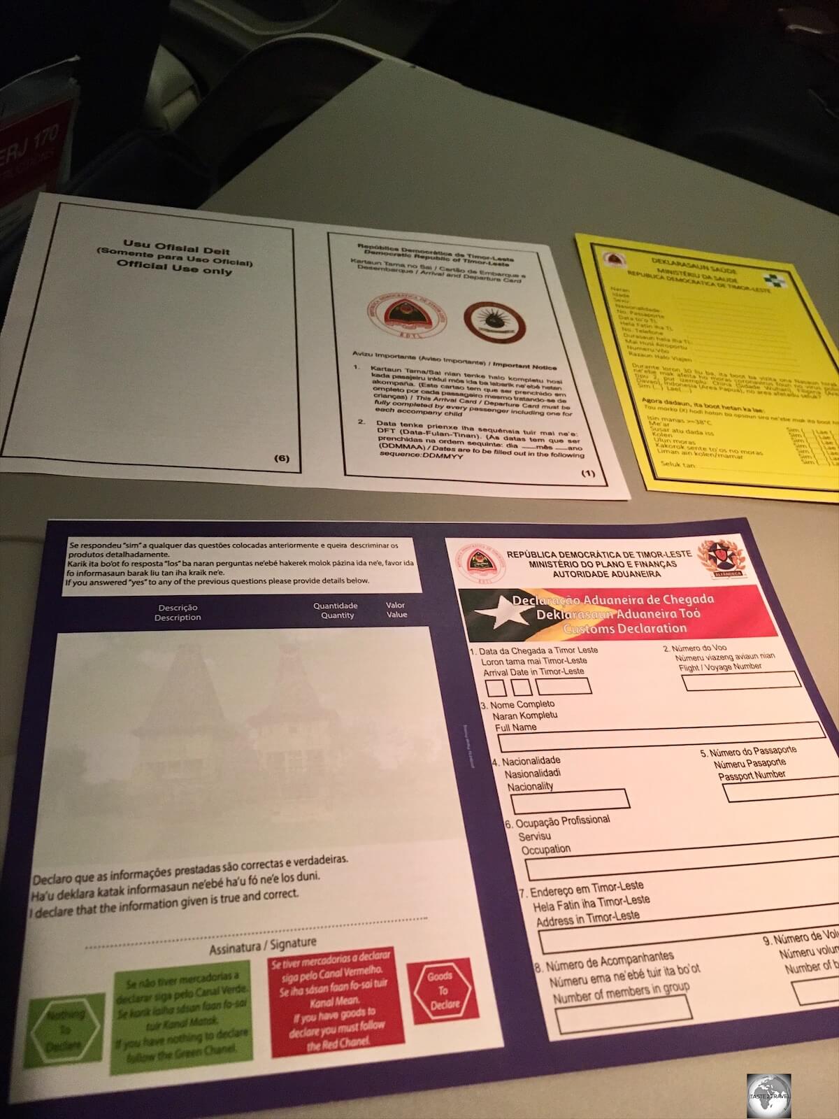 Arrival forms for Timor-Leste. 