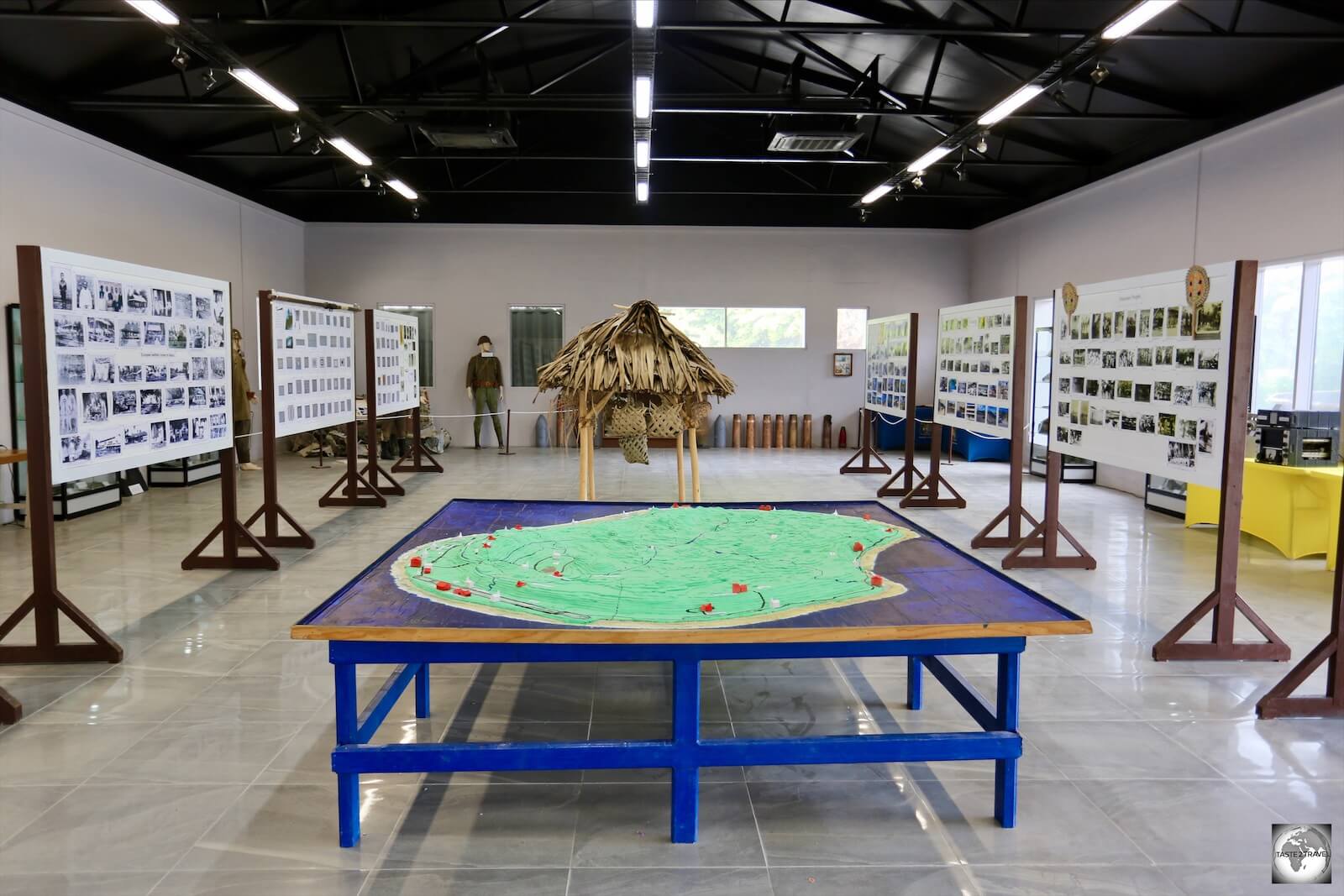 Displays inside the Nauru museum tell the story of Nauru while a model map provides a useful overview of the island.