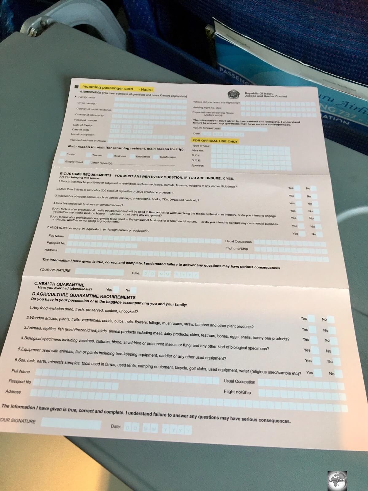 The A4-size Nauru arrival form, which is comprised of three separate declarations for three different departments.