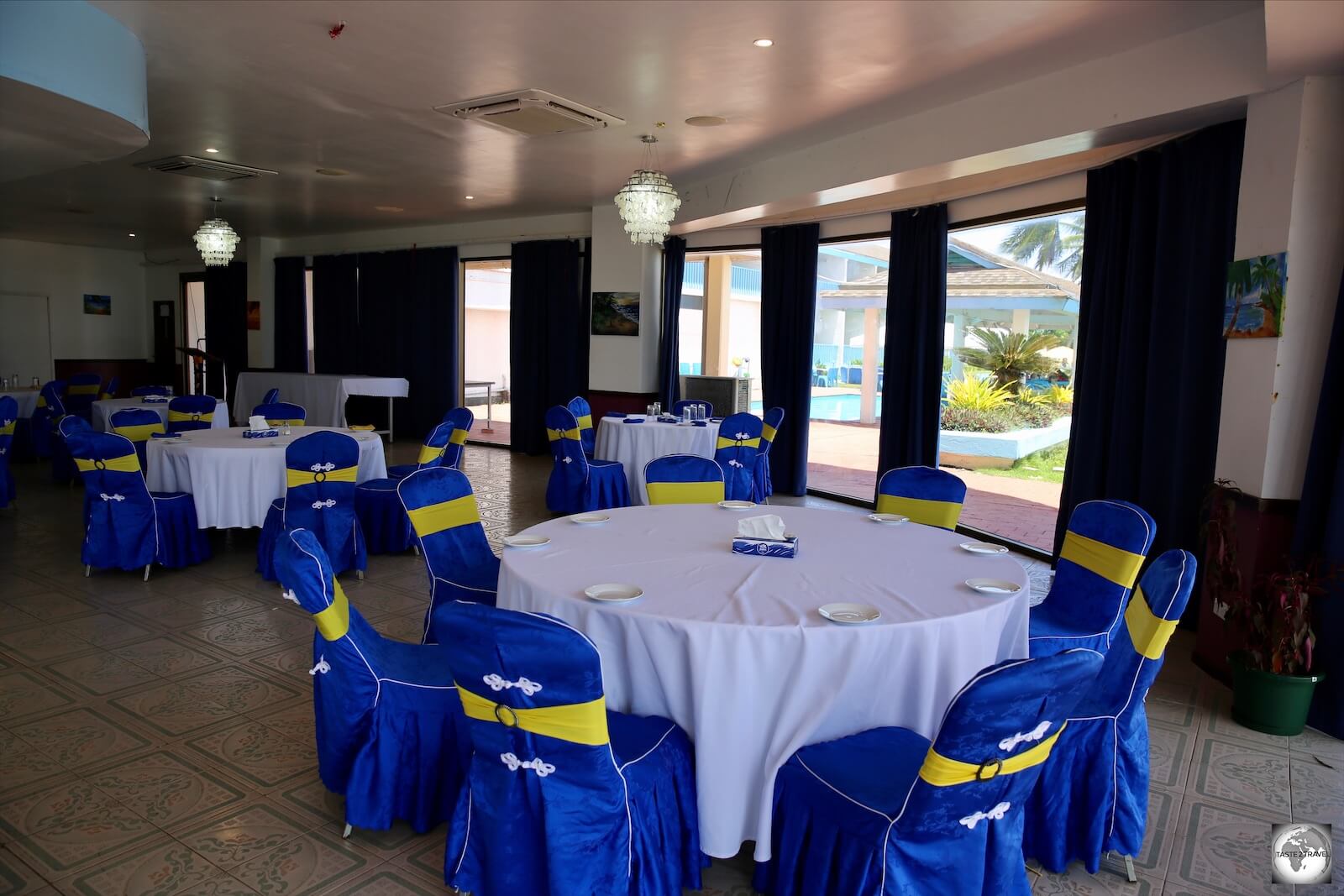 The dining room at the Anibare Restaurant, where the chairs are covered in the national colours.