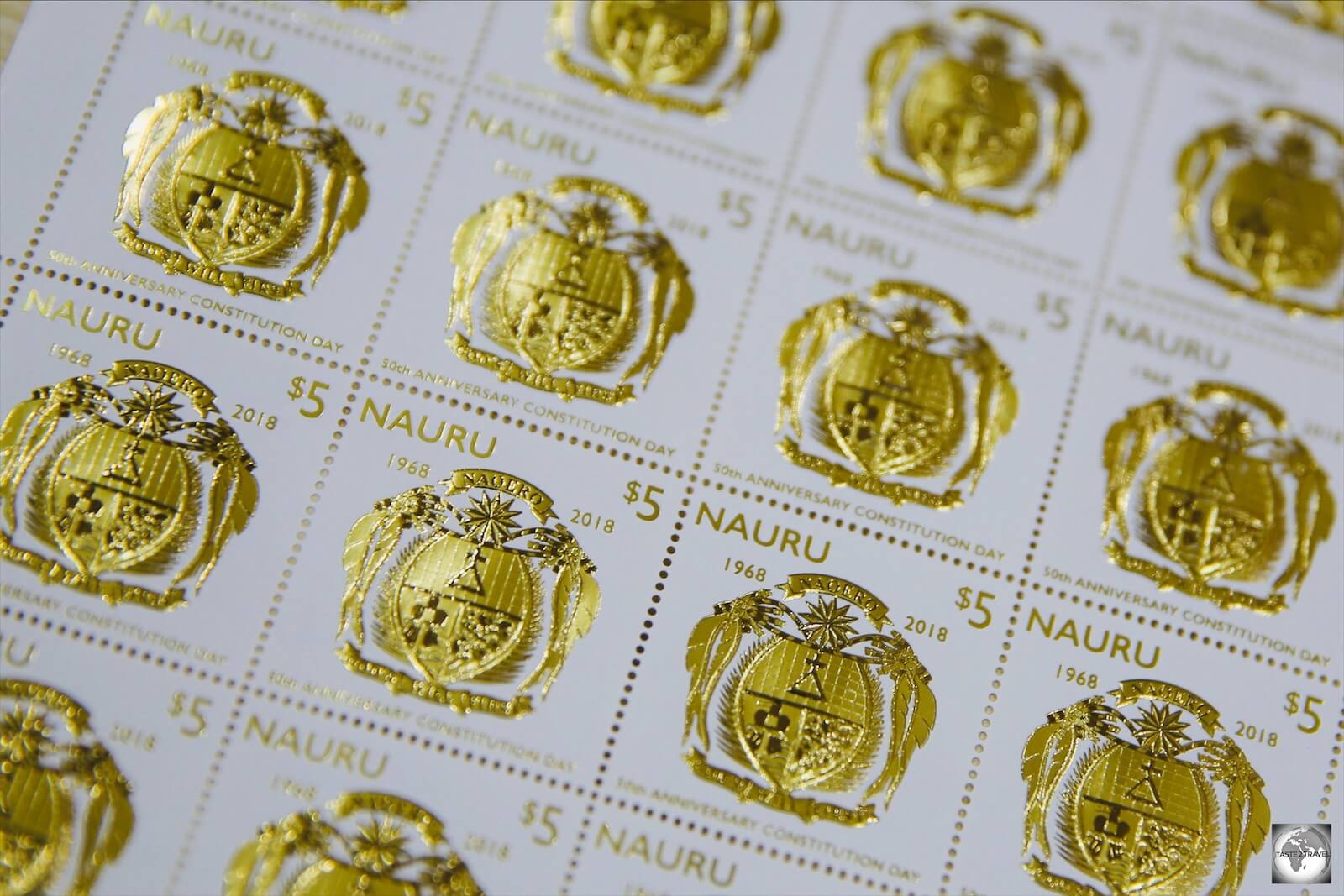 The gold leaf stamp, which was issued in 2018 to commemorate 50 years of Nauru Independence and marked the reopening of Nauru Post. 