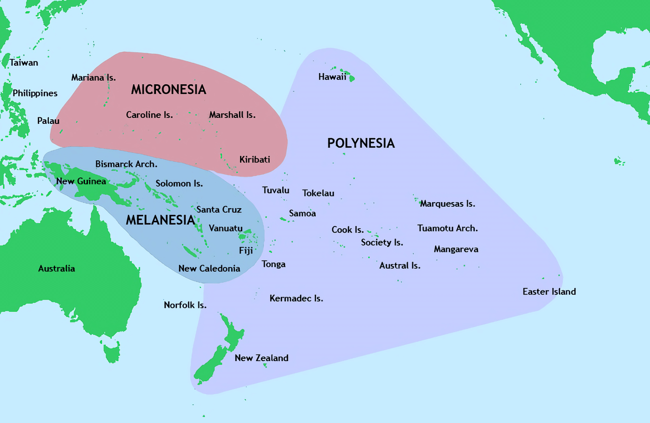 A map showing the three distinct cultural regions of the Pacific.