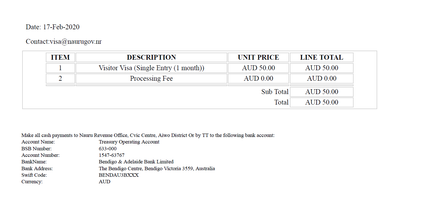 Nauru Visa Fee Payment Invoice.