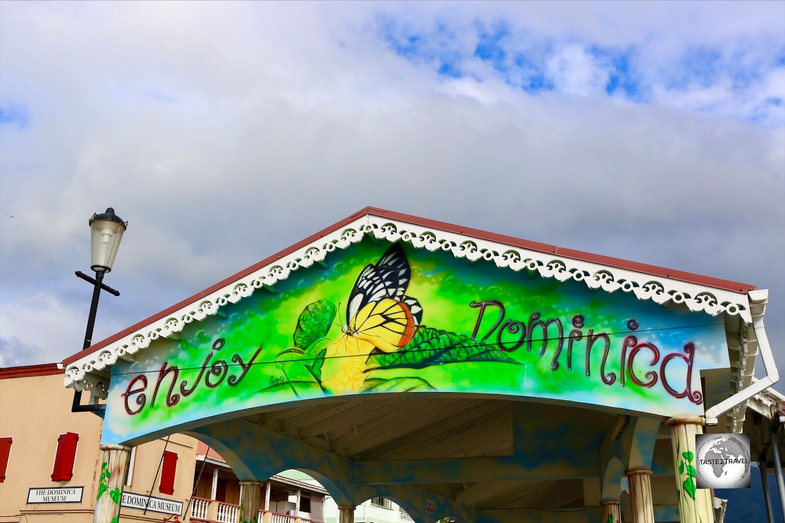 The welcome sign at Roseau Port, Dominica.