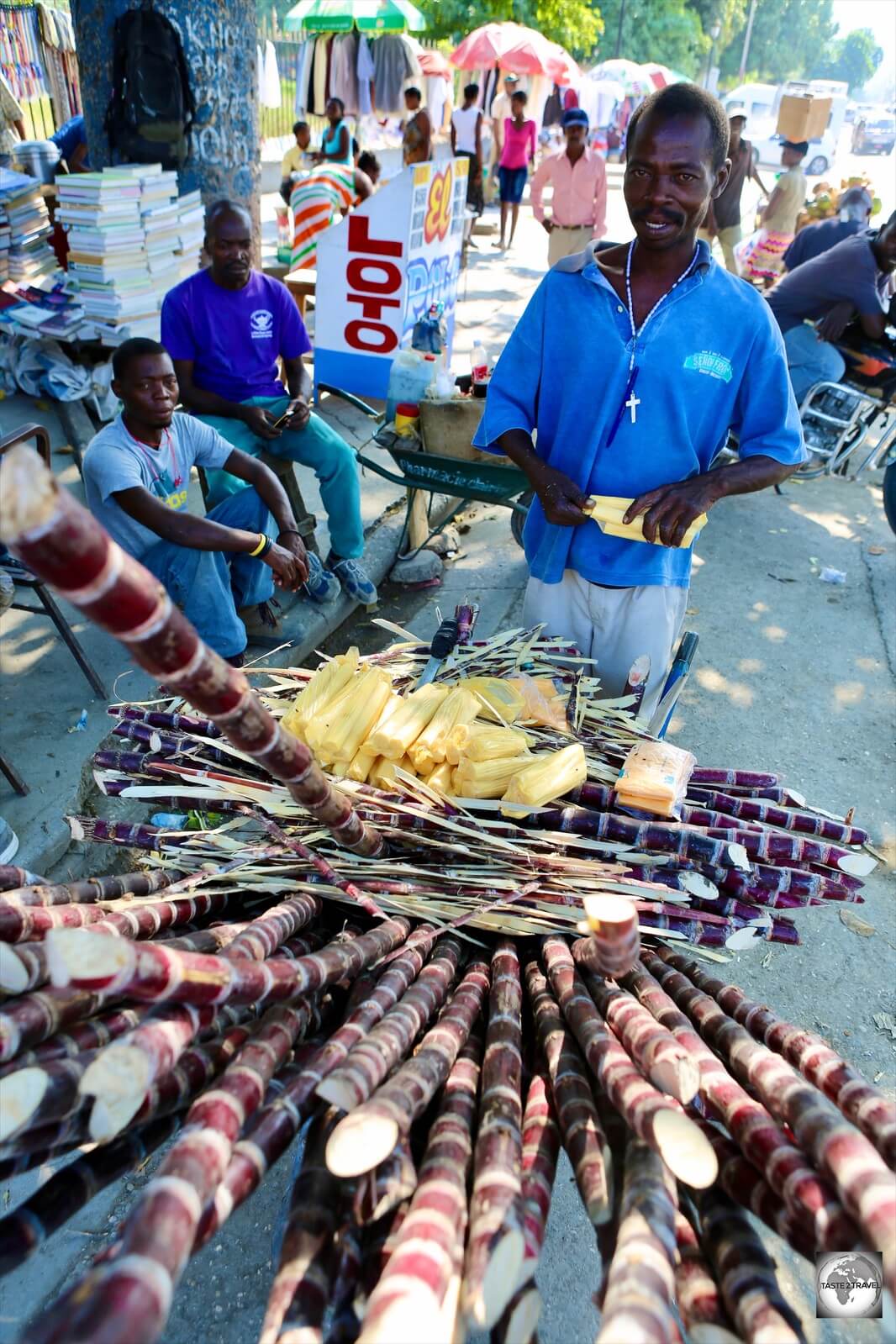 A seller of fresh sugarcane in downtown PAP.