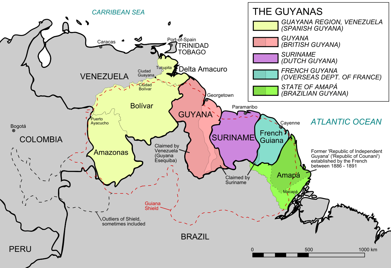 A map showing the original five Guianas.