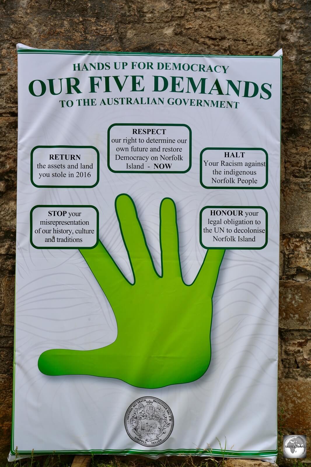 The Five Demands from the Norfolk Island democracy movement. 