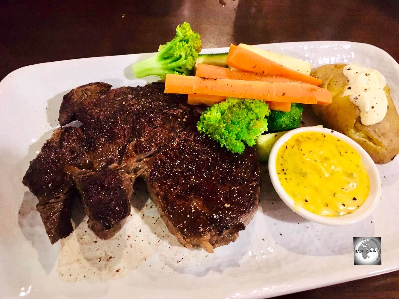 Norfolk Island Scotch fillet served at the Bounty Bar & Grill.