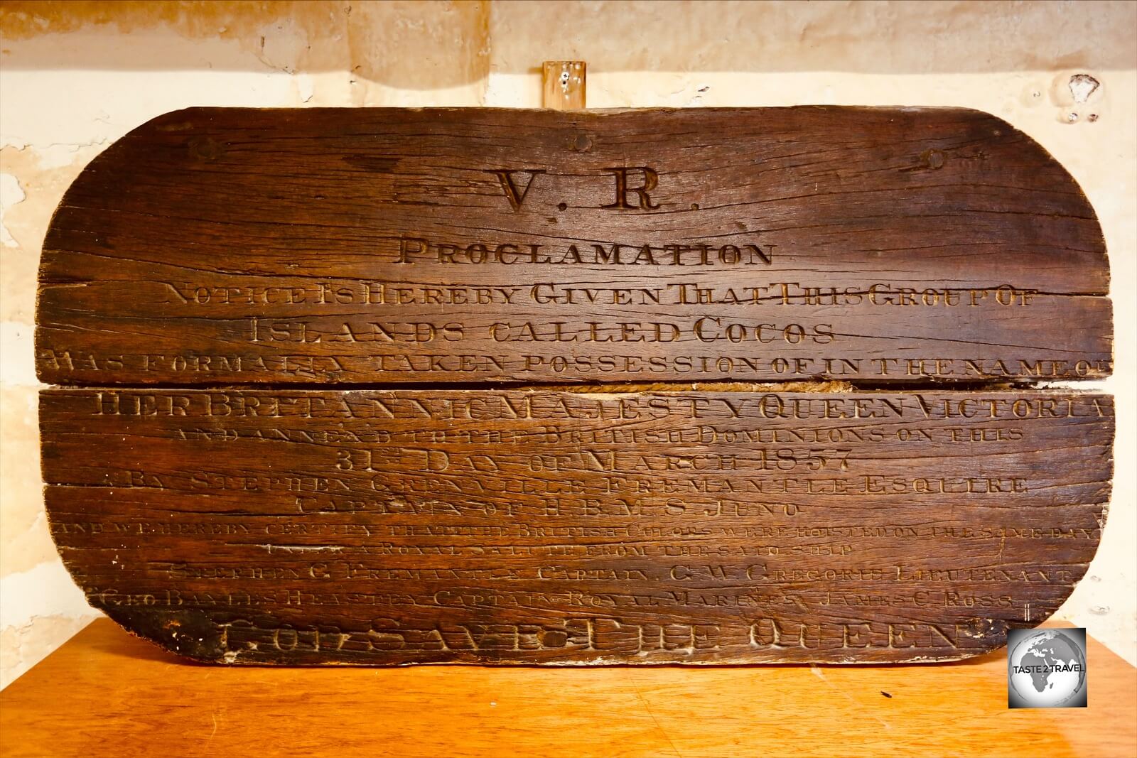 Dating from 1857, this wooden proclamation sign, which is today displayed in the museum on Home Island, declares the 'Cocos Islands' as a British territory.