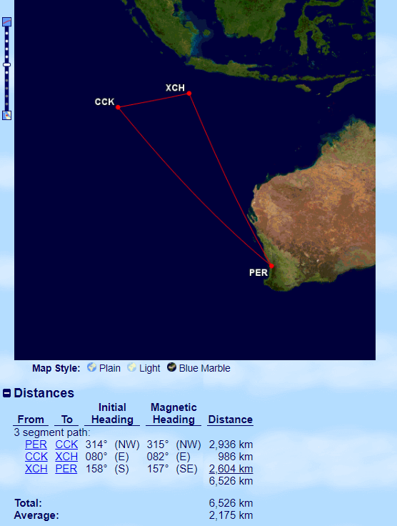 Virgin Australia operates the only flights to the Indian Ocean Territories from Perth. Source: http://www.gcmap.com/