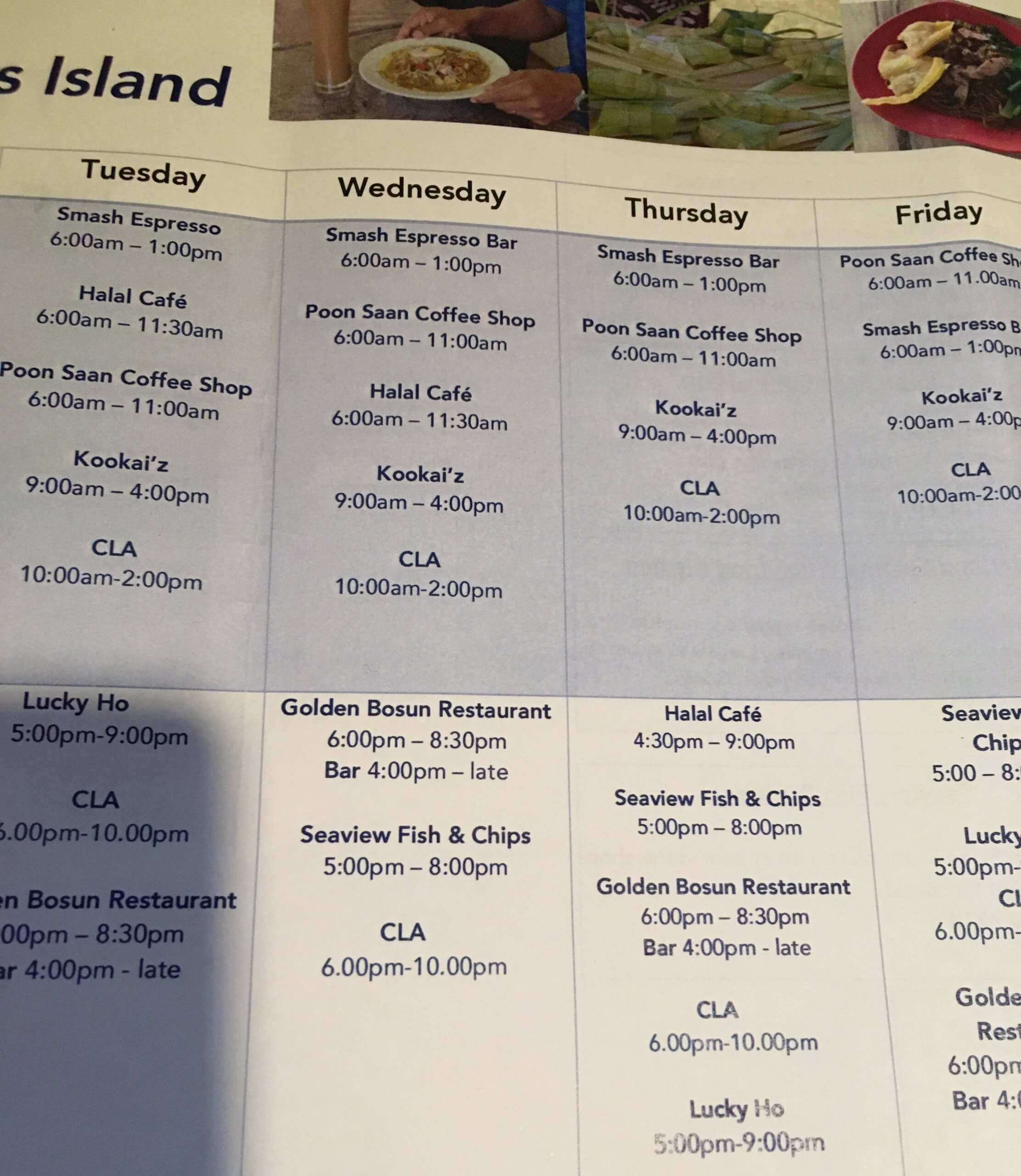 The very useful, Christmas Island dining guide, which is issued by the Christmas Island Visitor Centre