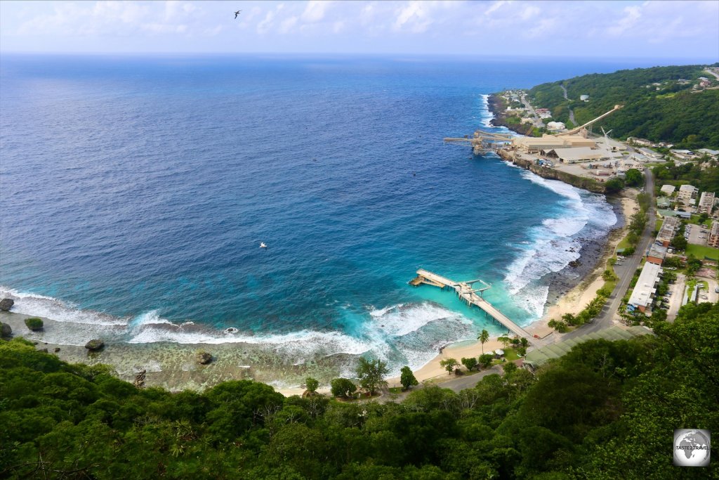 A view of Flying Fish Cove in the foreground with The Settlement in the background, the main population centre on Christmas Island.