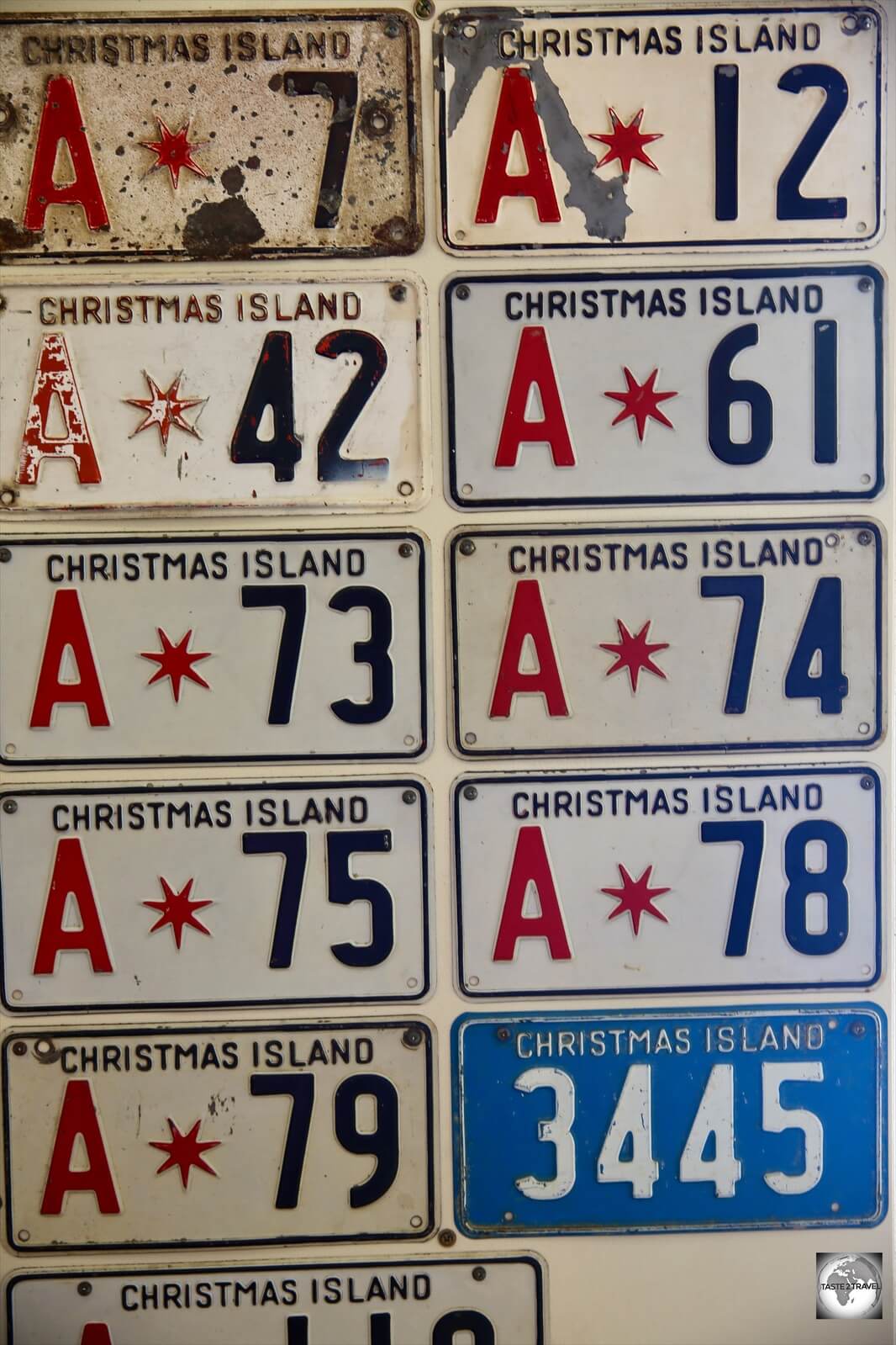 A display of old Christmas Island License plates at the Tai Jin House museum. 