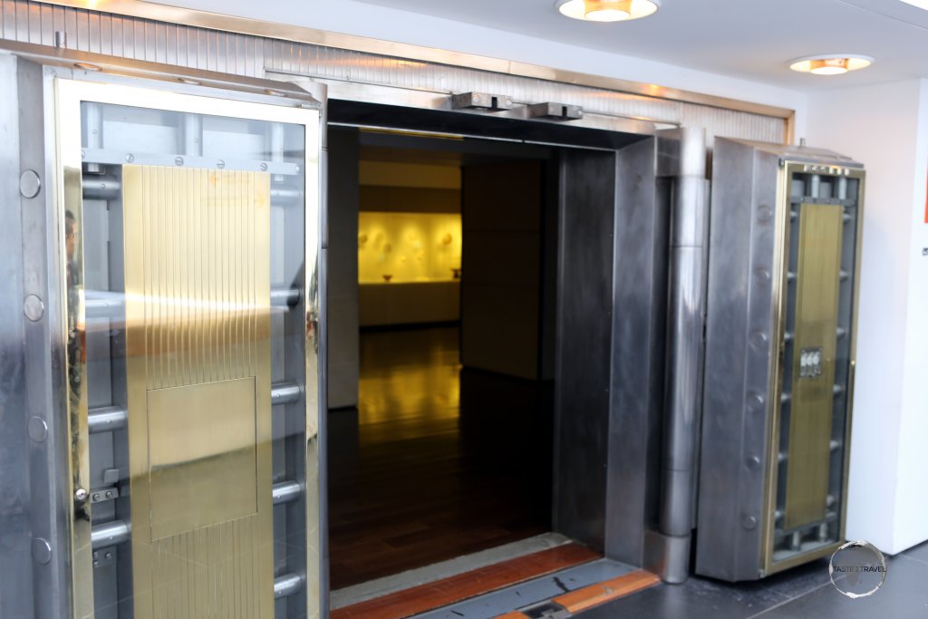 The impressive vault doors which lead to the exhibition rooms of Bogota's 'Museo del Oro', which has a collection of 55,000 golden relics, 6,000 of which are on display.