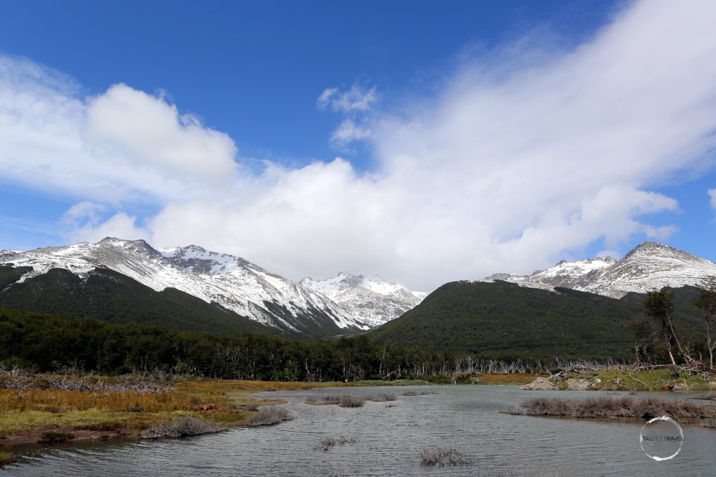 A view of the peaks of Las Torres and Cordón Toribio at Laguna Esmeralda, Tierra del Fuego, Argentina.