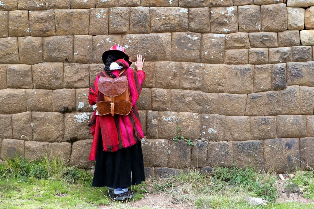 A pilgrim at the 'Palacio de las Vírgenes del Sol' (Palace of the Virgins of the Sun) on Lake Titicaca's Isla del la Luna (Island of the Moon) in northern Bolivia.