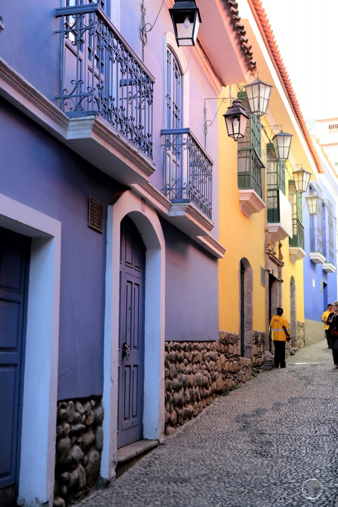 Colourful houses line a street in the old town of La Paz, the administrative capital of Bolivia.