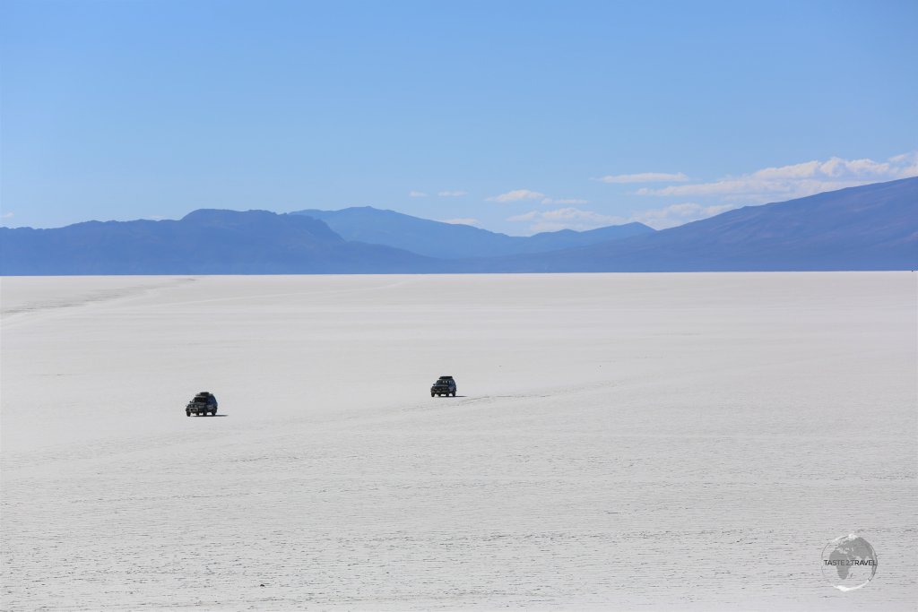 No roads here! The only feasible way of exploring the Salar de Uyuni, an empty, freezing, windswept, inhospitable environment is on a multi-day 4WD tour.