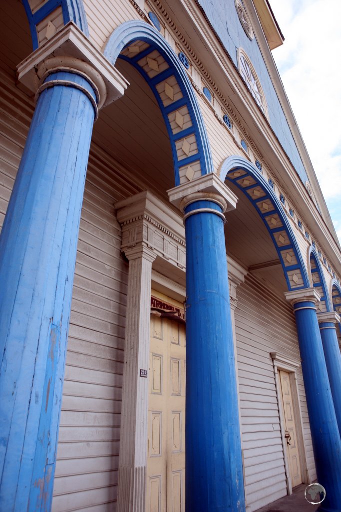 A view of the façade of 'Iglesia San Carlos de Chonchi', one of 16 UNESCO World-Heritage listed wooden churches which are located on the Chiloé archipelago.