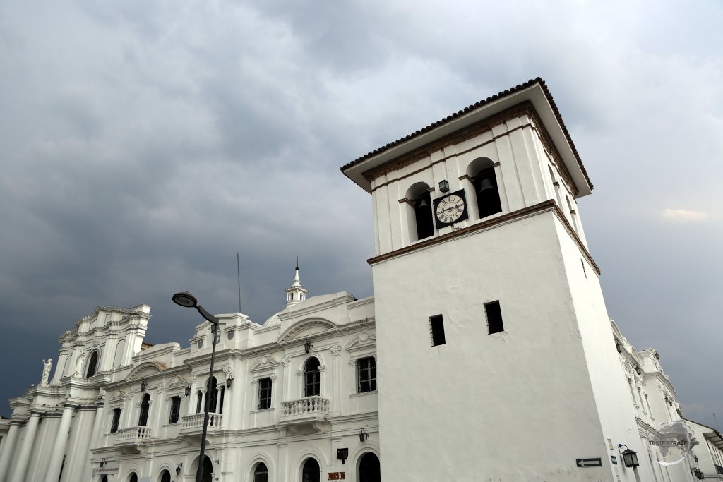 The Cathedral of Our Lady of the Assumption, the main church in Popayán, and the Torre del Reloj (Clock Tower).