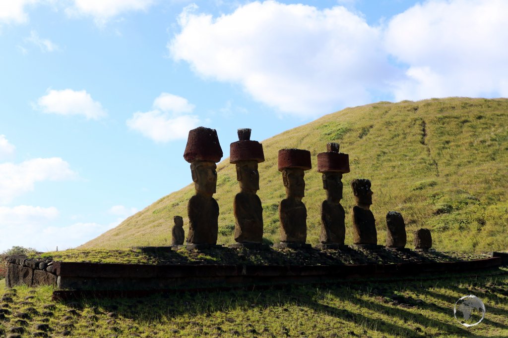 Front view of Ahu Nau Nau at Anakena beach, the site of the landing place of the first Rapa Nui settlers.