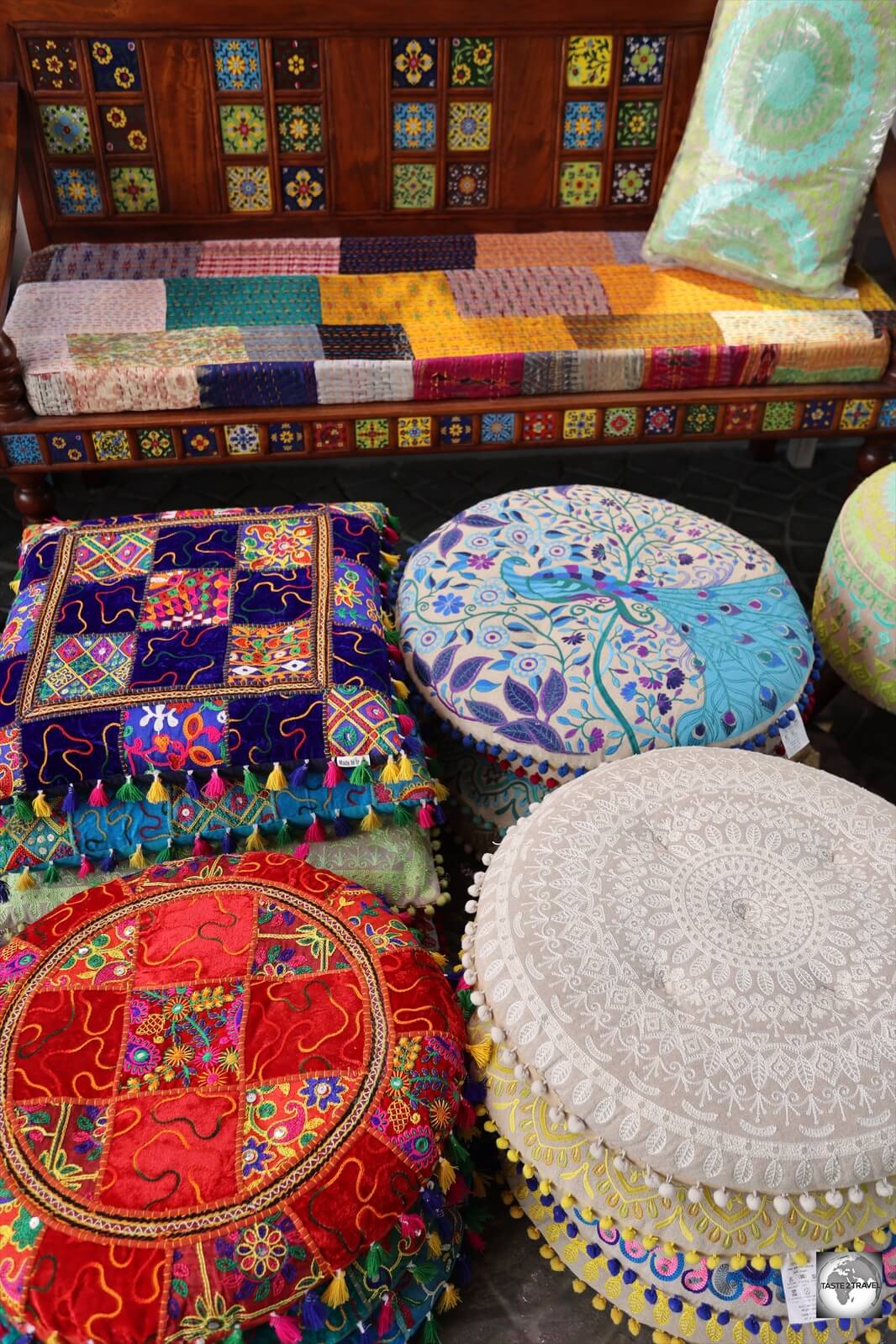 Colourful cushions on sale in Manana souk.