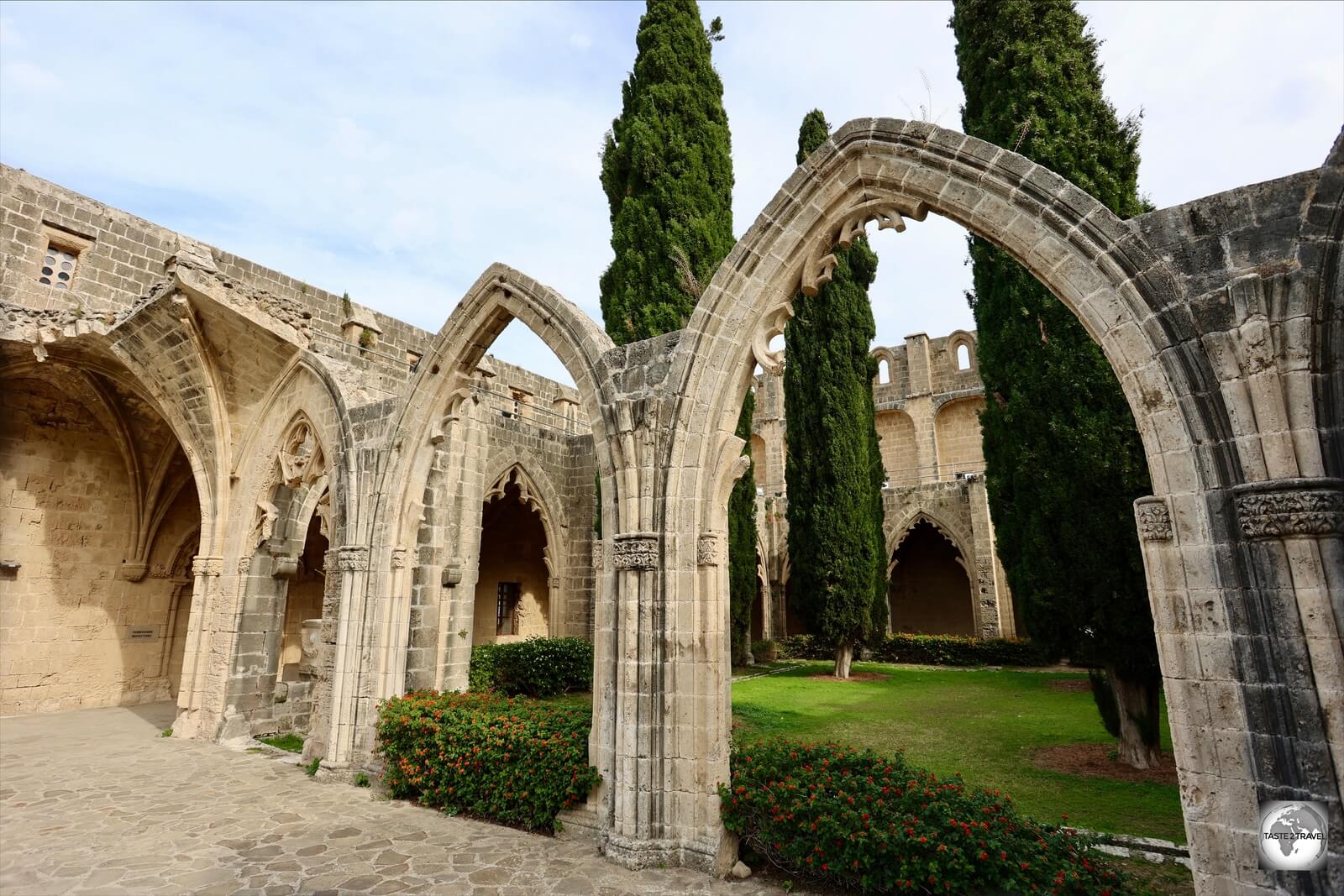 A view of the cloister at Bellapais Abbey. 