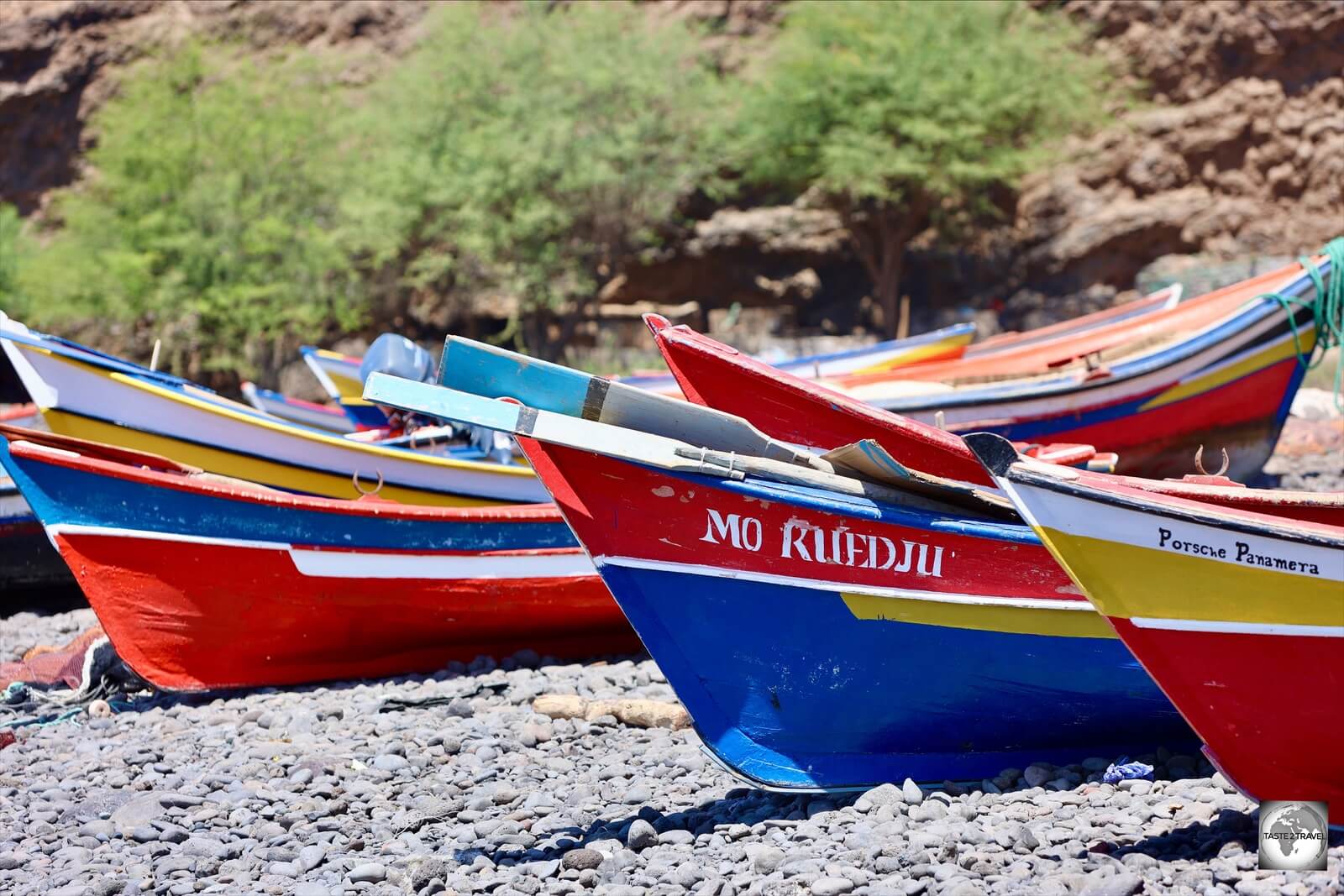 Boats on the beach in the fishing village of Porto Mosquito. 