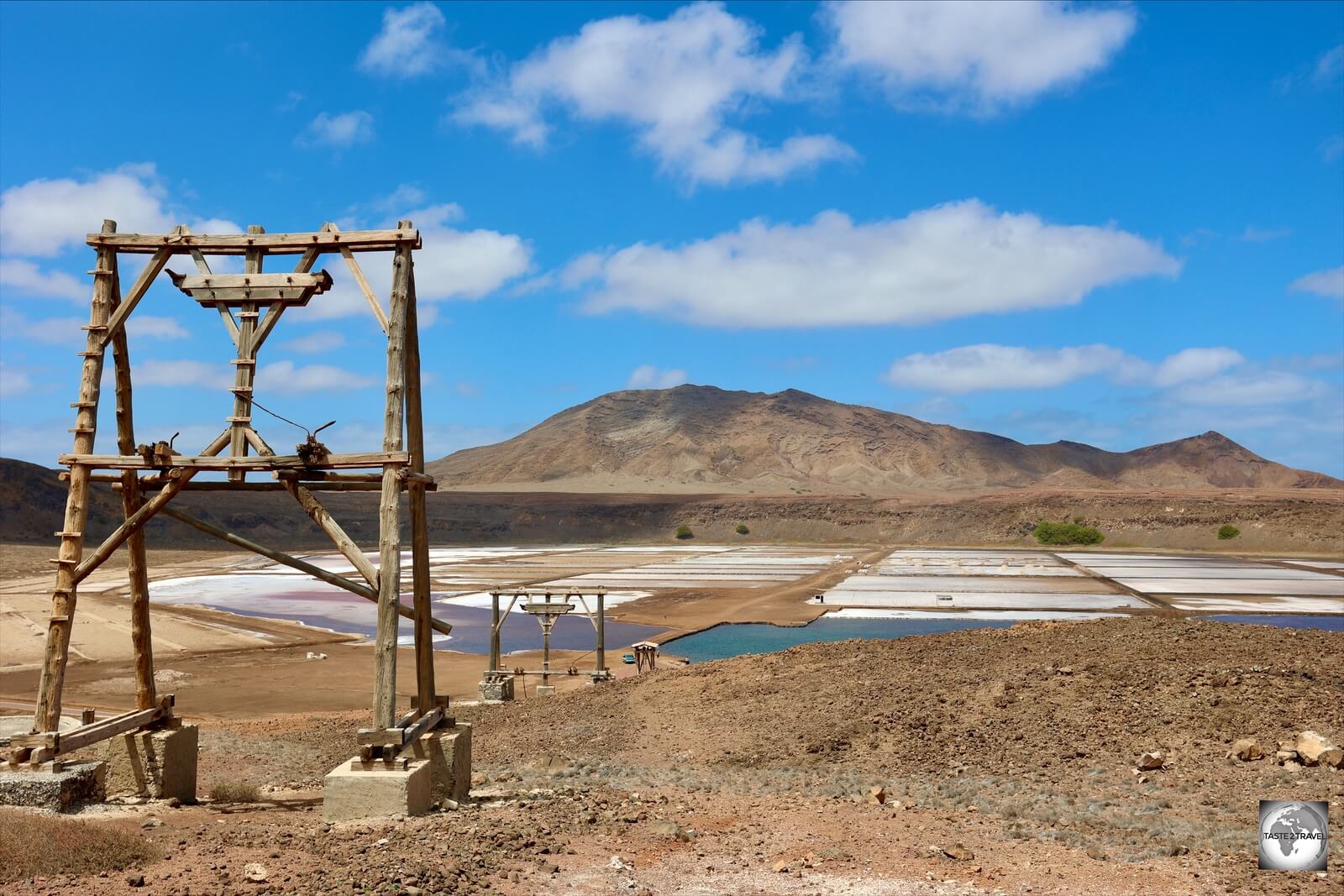 The wooden supports of an abandoned cable-car which was used to transport salt from the crater to the nearby port. 