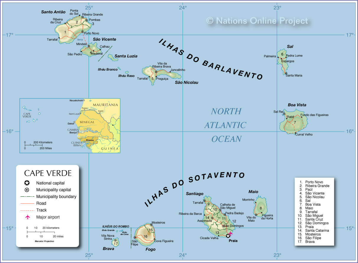 A map of Cape Verde, indicating the Barlavento and Sotavento island groups. <br /> <i>Source: Nations Online Project.</i>