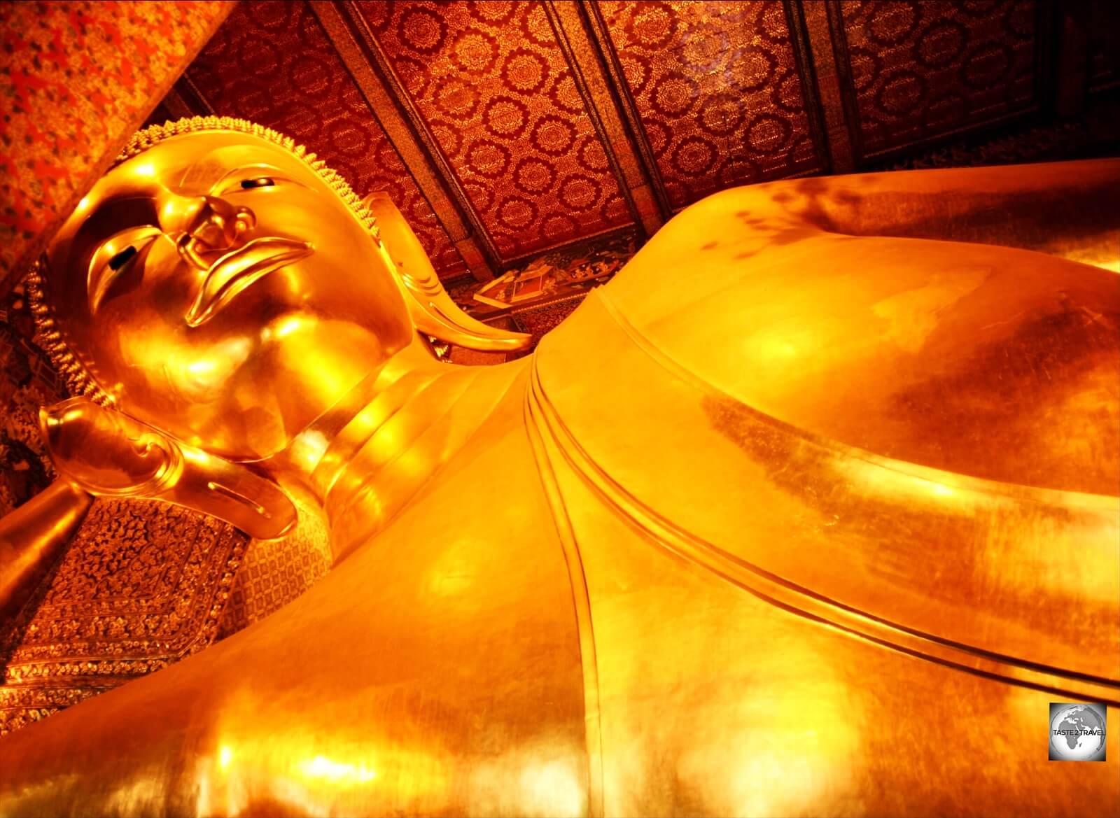 Travel Quiz 46: A view of the reclining Buddha at Wat Pho, Bangkok, Thailand.