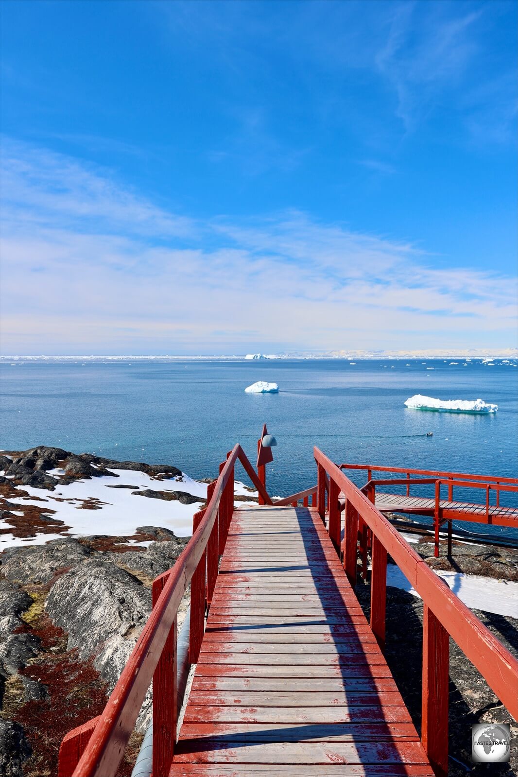 The view over Disko Bay from the boardwalk at the Hotel Arctic, Ilulissat. 