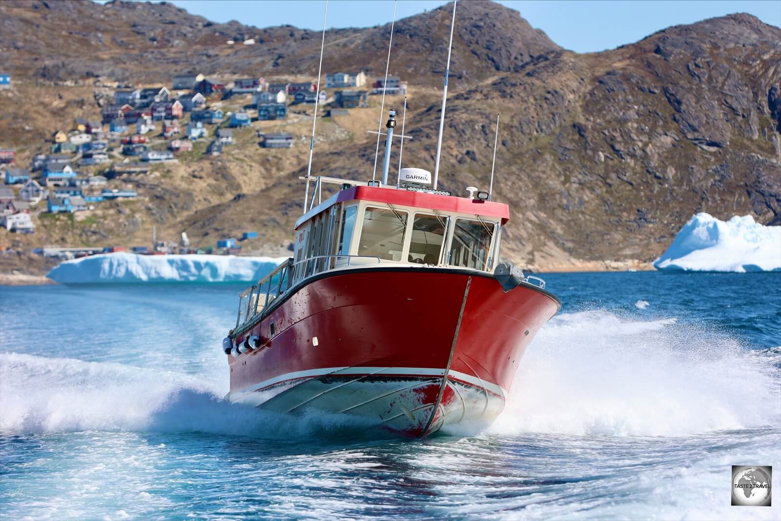 A Disko Line speedboat departing Qaqortoq for Narsaq.