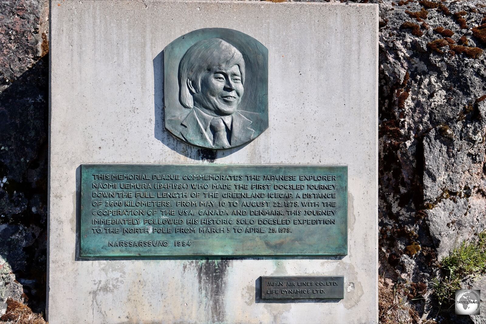 A commemorative plaque in Narsarsuaq honours the Japanese adventurer, Naomi Uemura, who travelled the length of the Greenland Ice Sheet solo. 