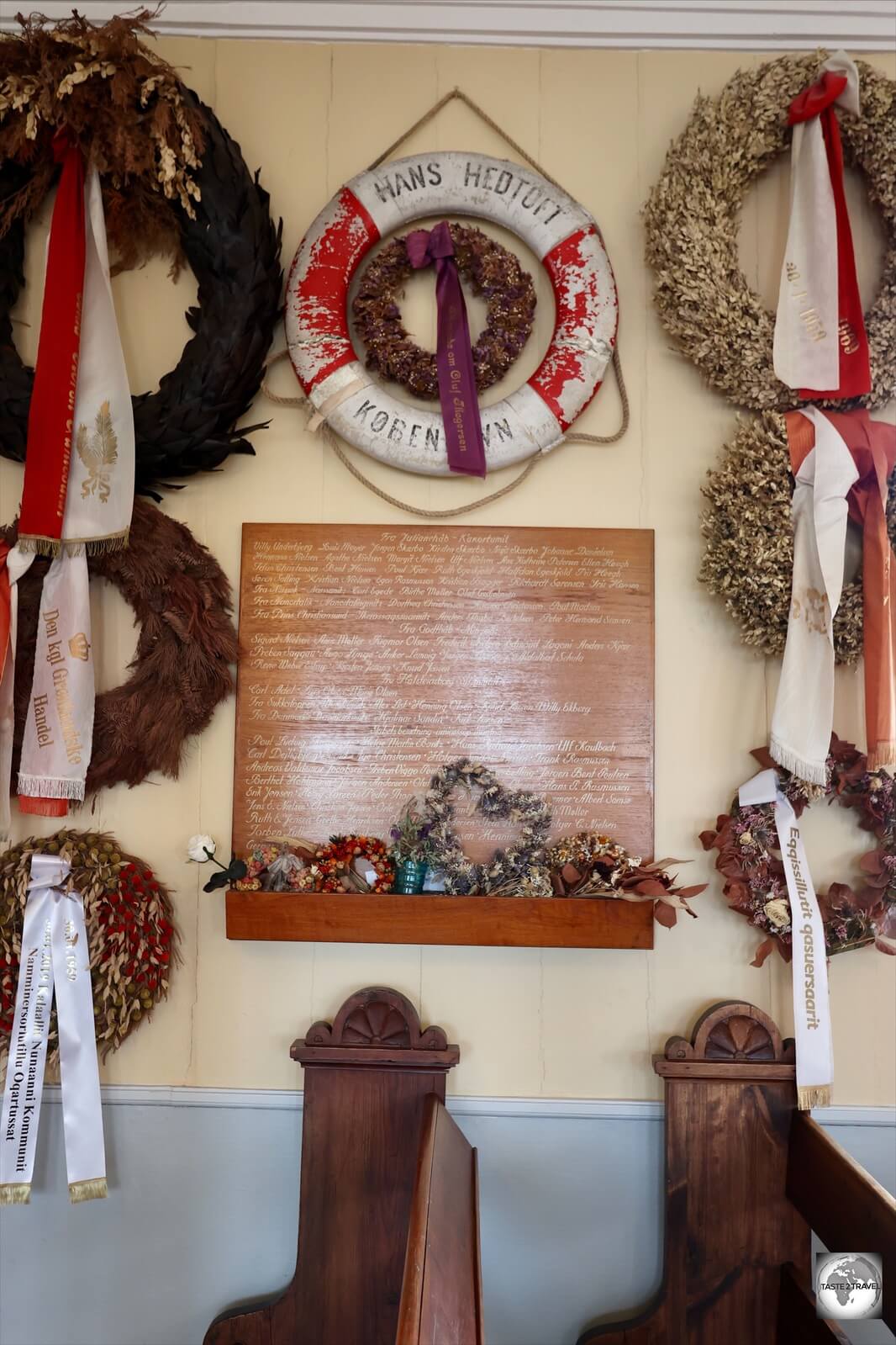 The memorial, and lifebuoy ring, from the MS Hans Hedtoft, inside the Church of Our Saviour in Qaqortoq.