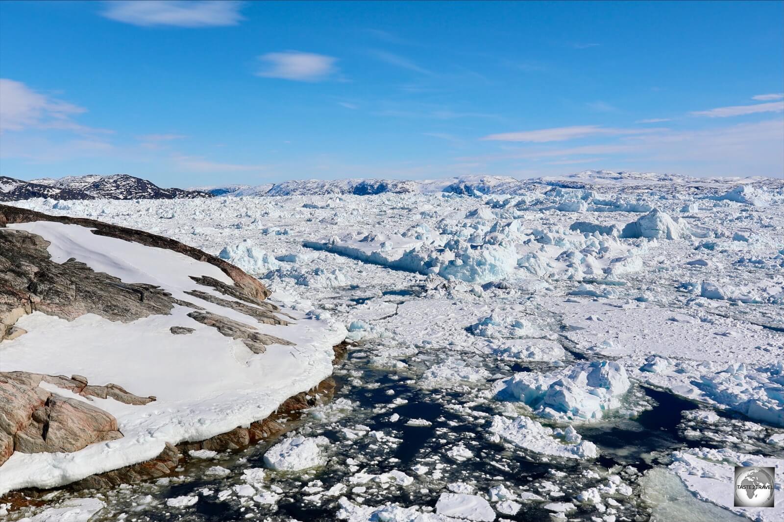 What you are looking at is the sea - a view of the ice-filled Ilulissat Icefjord. 