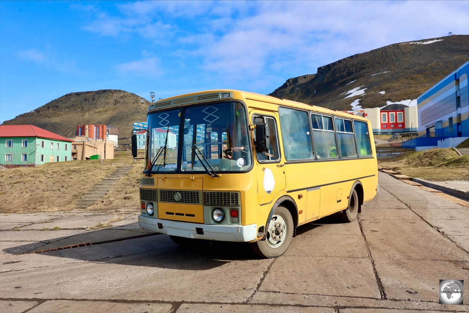 This one antique Russian bus is the sole means of public transport in tiny Barentsburg. 