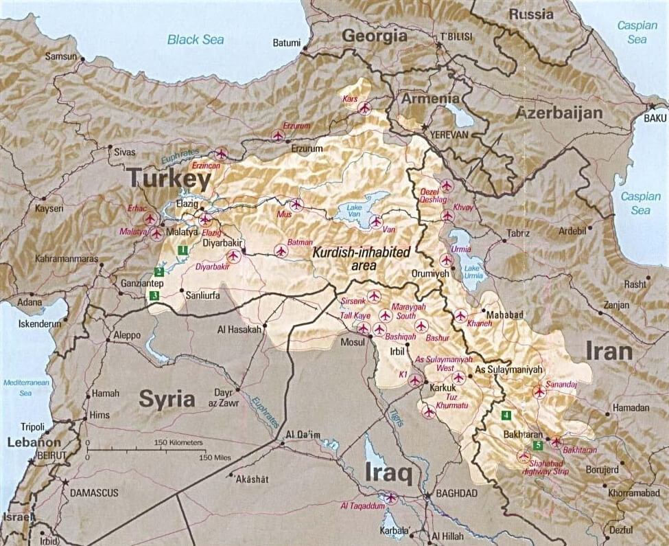 A map of Western Asia, which highlights the region of Kurdistan in beige. <br /> <i>Source: Wikipedia.</i>